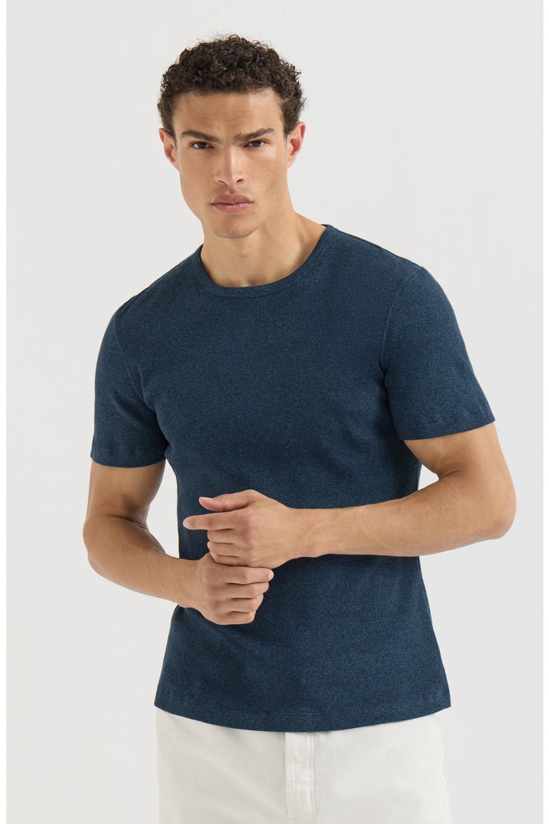 Denim-effect ribbed cotton jersey crew neck T-shirt, Main, color, Navy Blue