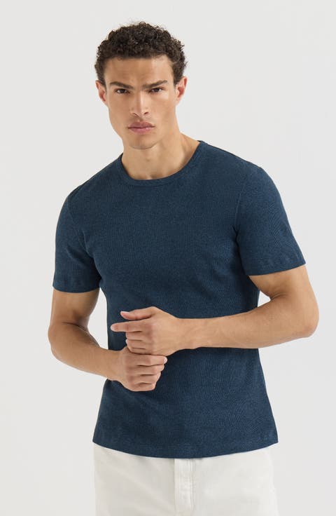 Denim-effect ribbed cotton jersey crew neck T-shirt