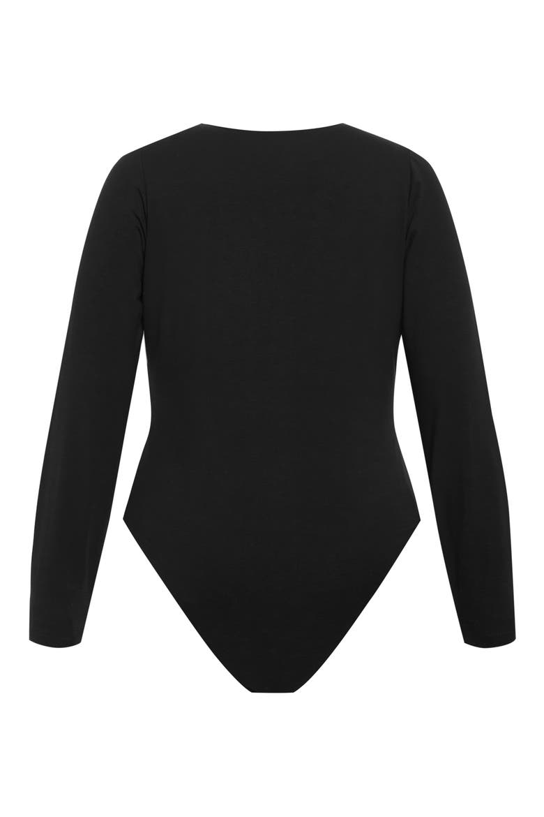 Amelia Pleated Long Sleeve Stretch Cotton Bodysuit, Alternate, color, BLACK