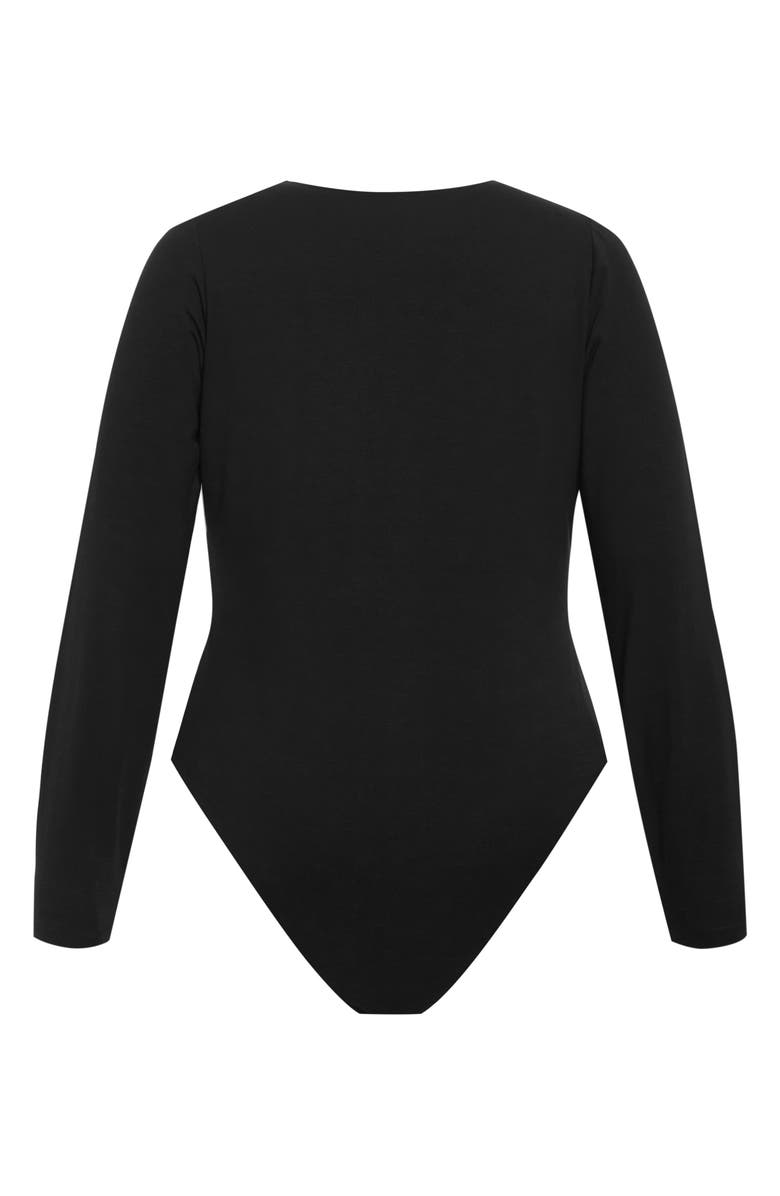 City Chic Amelia Pleated Long Sleeve Stretch Cotton Bodysuit, Alternate, color, Black