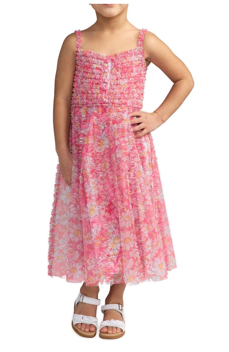 Mac Duggal Girls Mesh V-Neck Floral Print Mini Dress, Main, color, Pink Multi