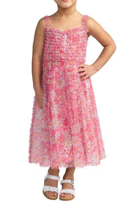 Girls Mesh V-Neck Floral Print Mini Dress