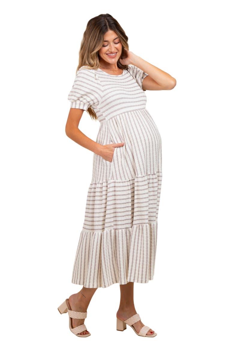 Striped Short Sleeve Tiered Maxi Dress, Alternate, color, Taupe