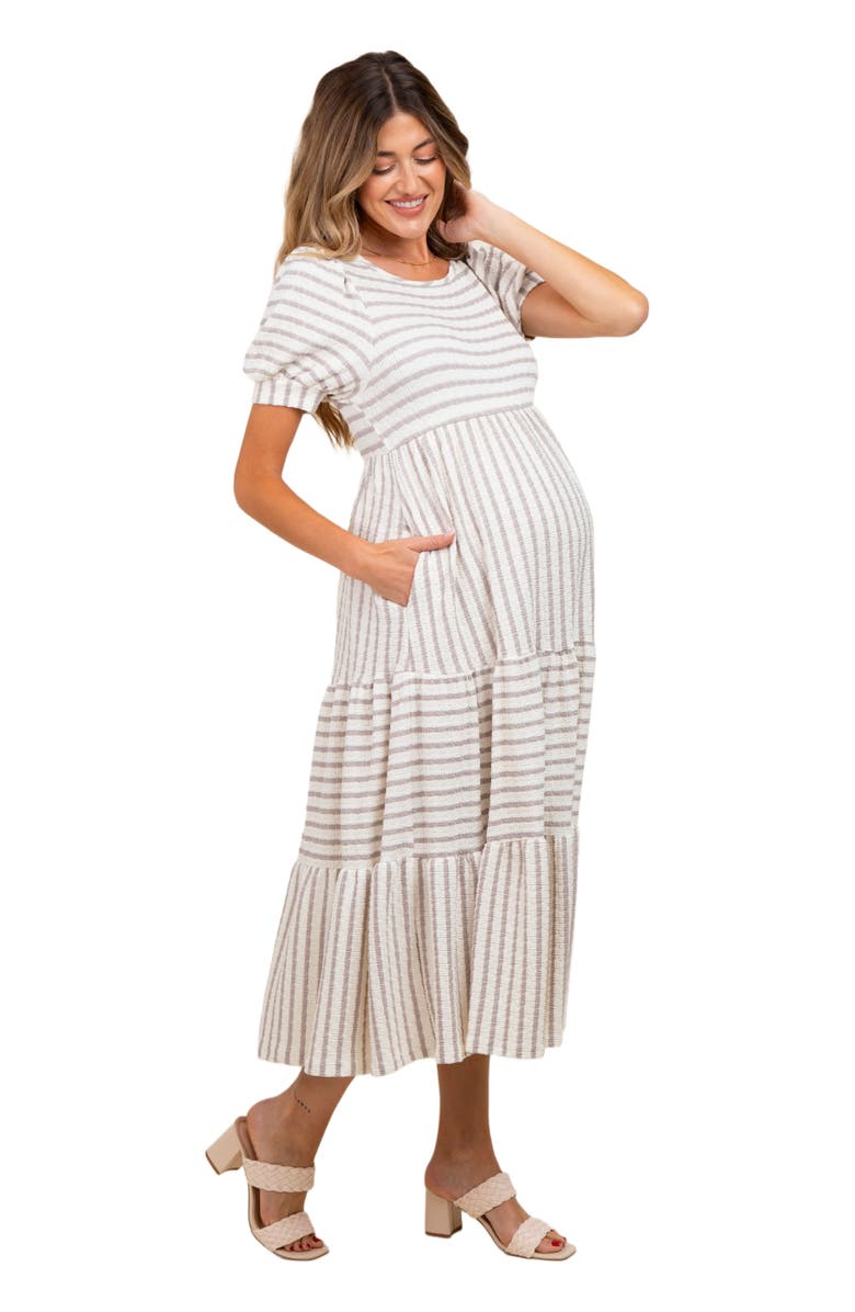 PinkBlush Striped Short Sleeve Tiered Maxi Dress, Alternate, color, Taupe