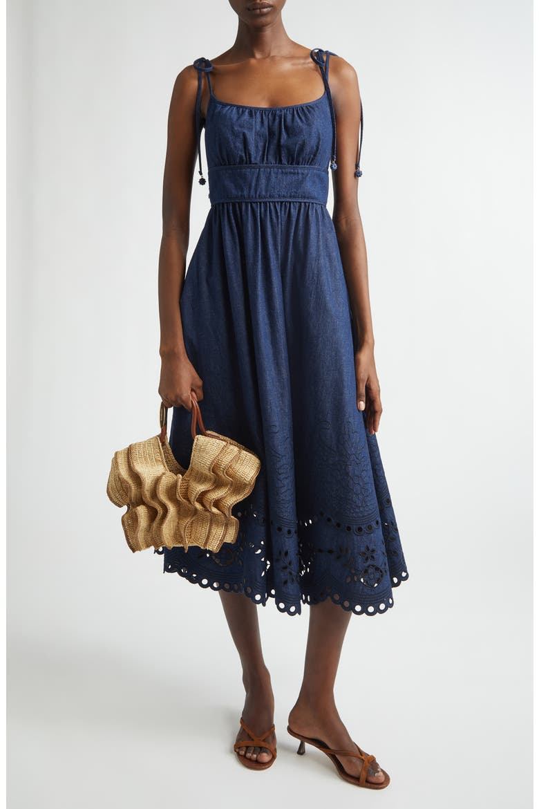 Mohan Broderie Anglaise Trim Denim Midi Dress, Alternate, color, INK