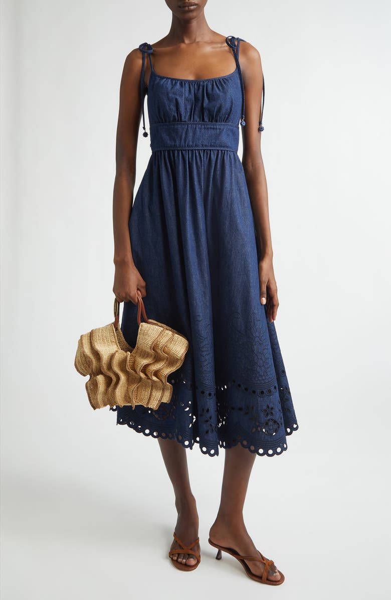 Zimmermann Mohan Broderie Anglaise Trim Denim Midi Dress, Alternate, color, Ink
