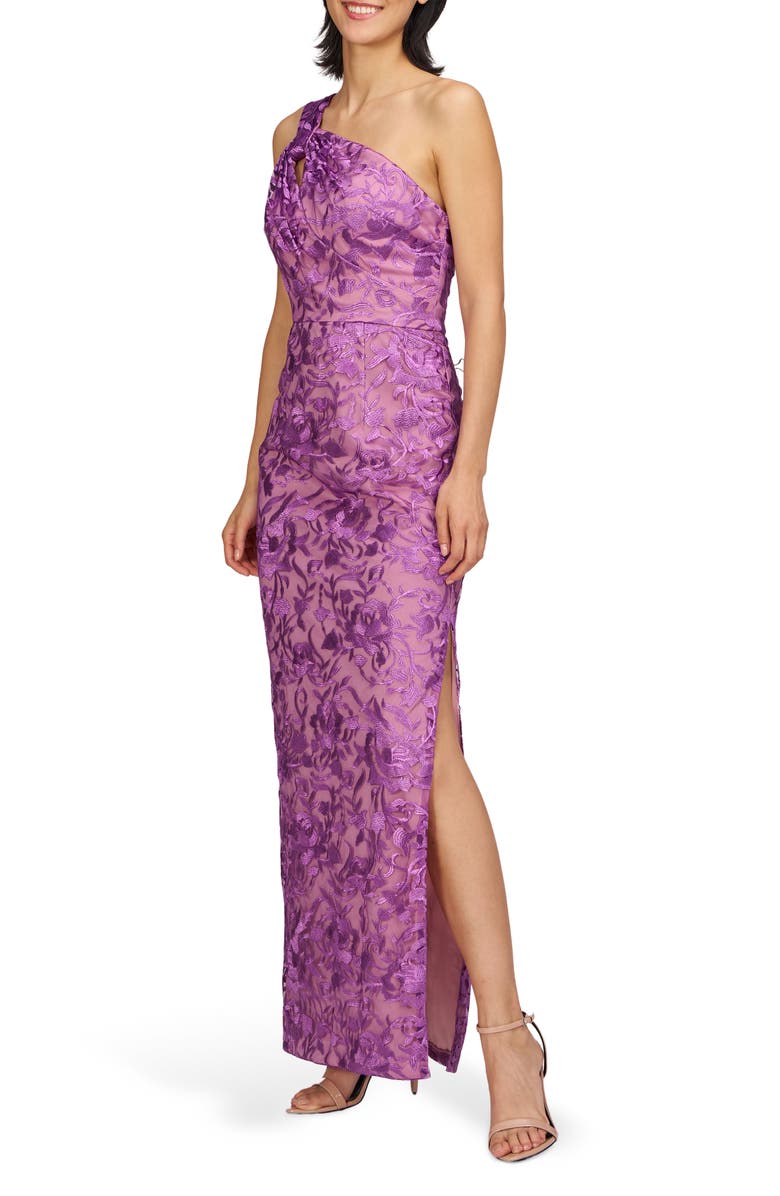 JS Collections Samantha Floral Embroidery One-Shoulder Column Gown, Alternate, color, Violet Rose