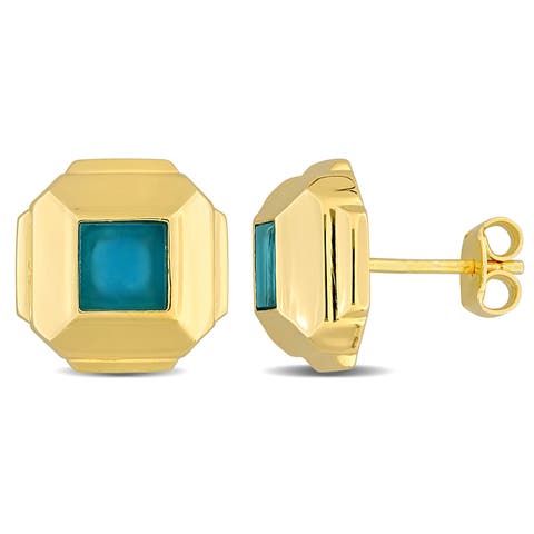 Blue Agate Square Stud Earrings Yellow Silver