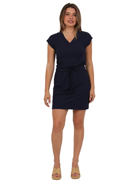 Womens Essential Ribbed Knit V-Neck Drawstring Waist Pocket Knee-Length Dress
