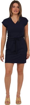 24seven Comfort Apparel Womens Essential Ribbed Knit V-Neck Drawstring Waist Pocket Knee-Length Dress