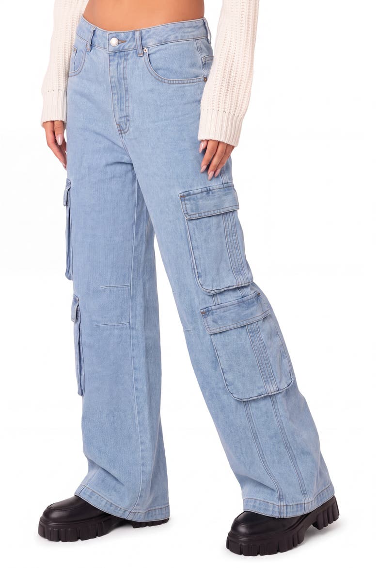 High Waist Wide Leg Cargo Jeans, Alternate, color, Light Wash
