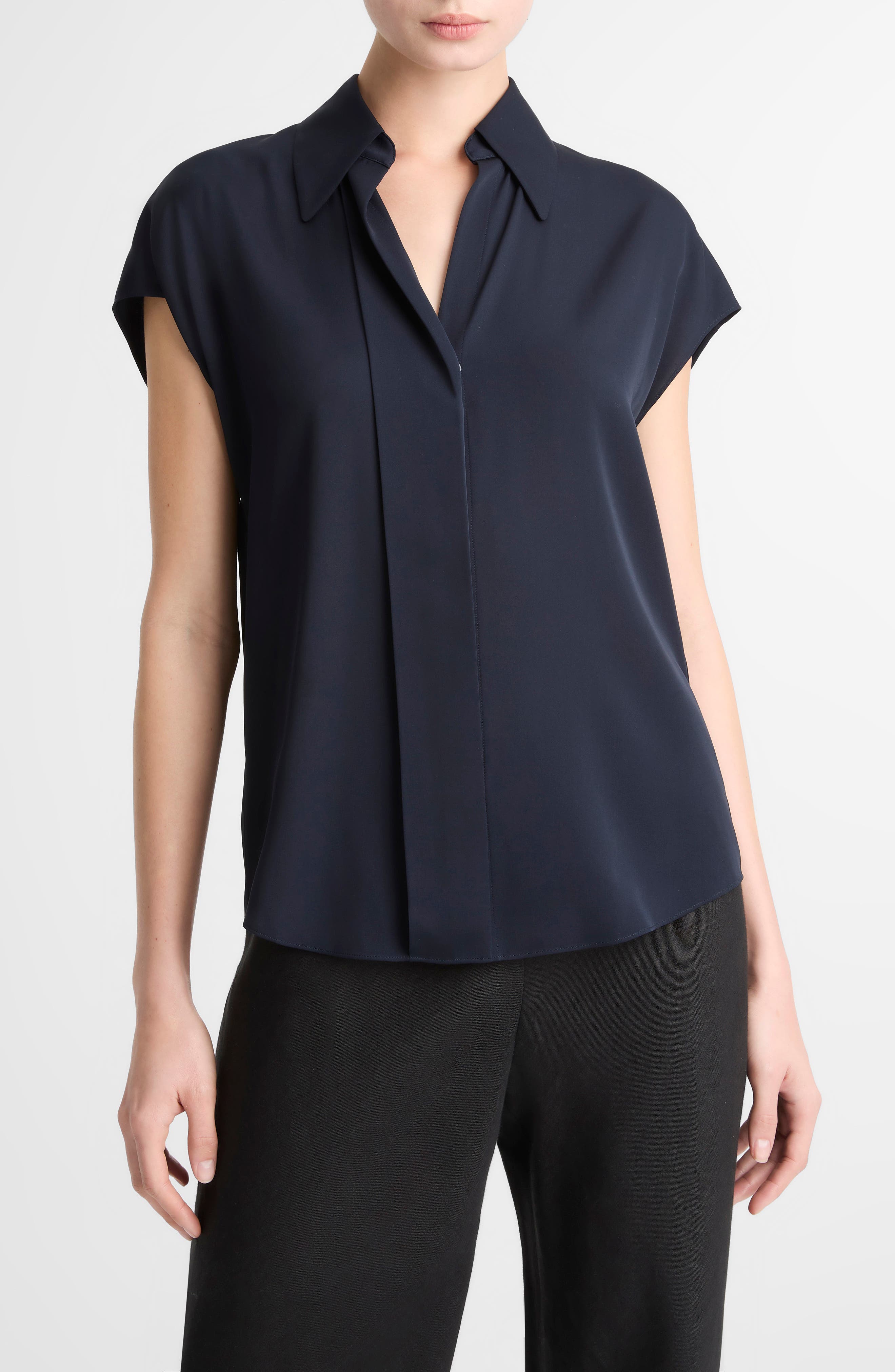 Cap Sleeve Stretch Silk Button-Up Shirt - image 3