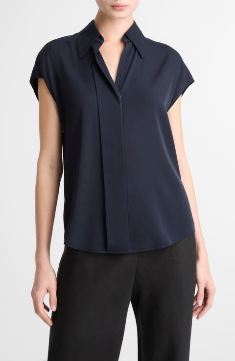 Cap Sleeve Stretch Silk Button-Up Shirt