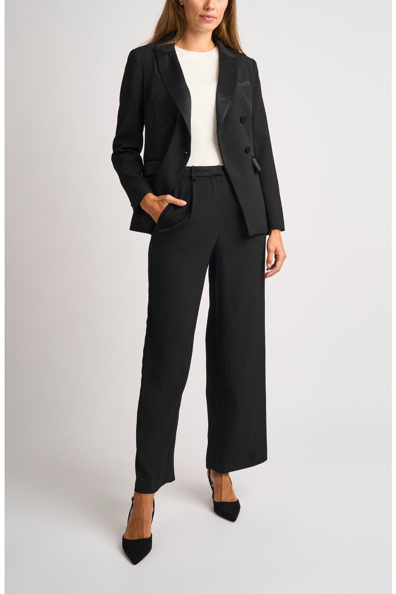 Satin Trim Double Breasted Blazer, Alternate, color, RICH BLACK