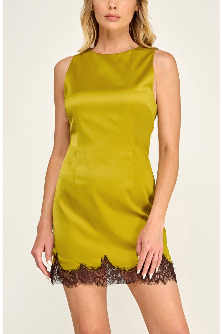 Lace Trimmed Satin Minidress, Alternate, color, CHARTREUSE/ BROWN