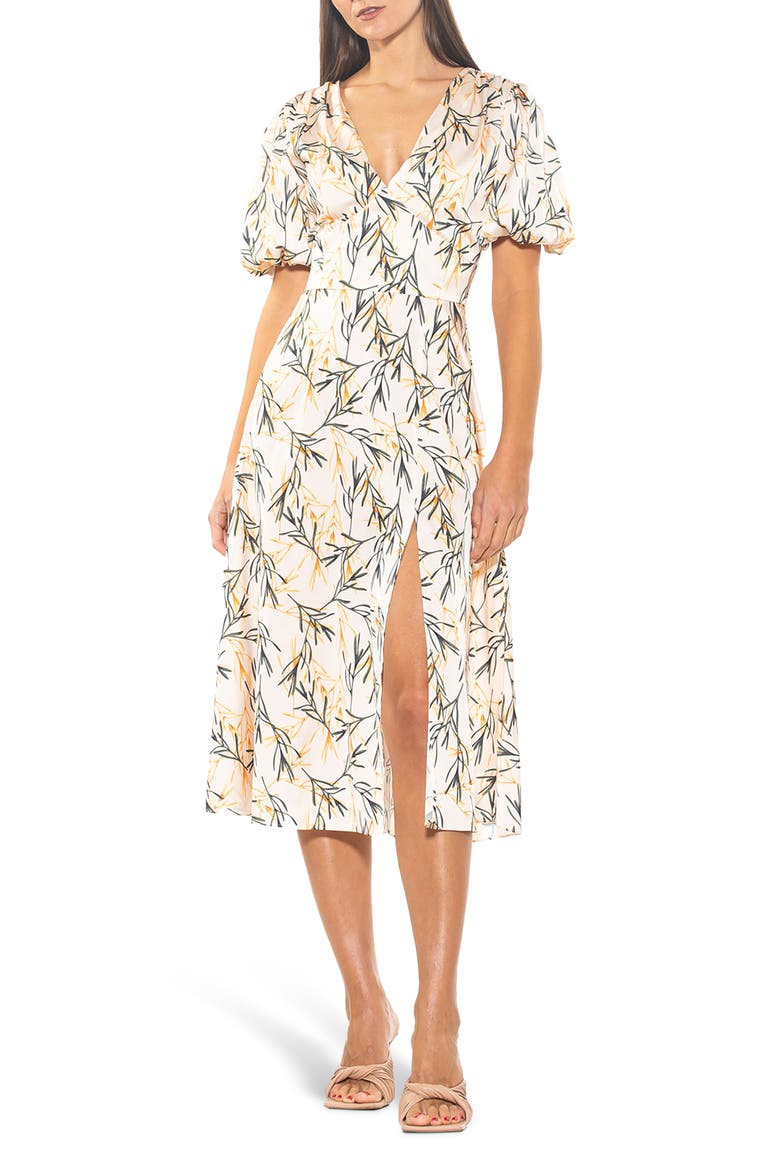 V-Neck Puff Sleeve Midi Dress, Main, color, BEIGE WILDFL