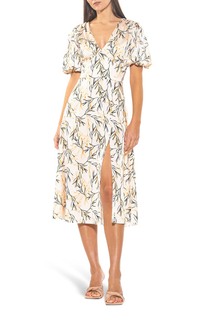 Alexia Admor V-Neck Puff Sleeve Midi Dress, Main, color, Beige Wildfl