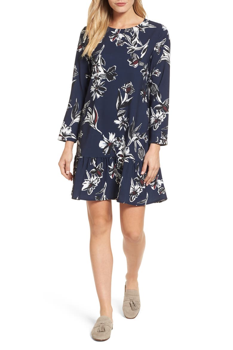 Button Back Ruffle Hem Dress, Main, color, NAVY FLORAL