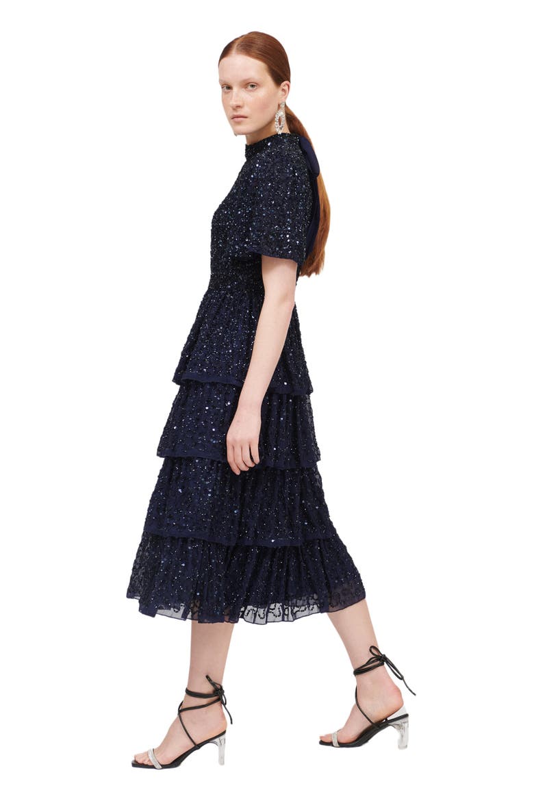 Occasion Embellished Sequin Beaded Evening Midi Dress, Alternate, color, MID NIGHT BLUE