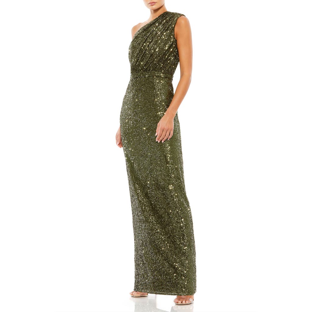Mac Duggal Sequin One-shoulder Column Gown In Olive