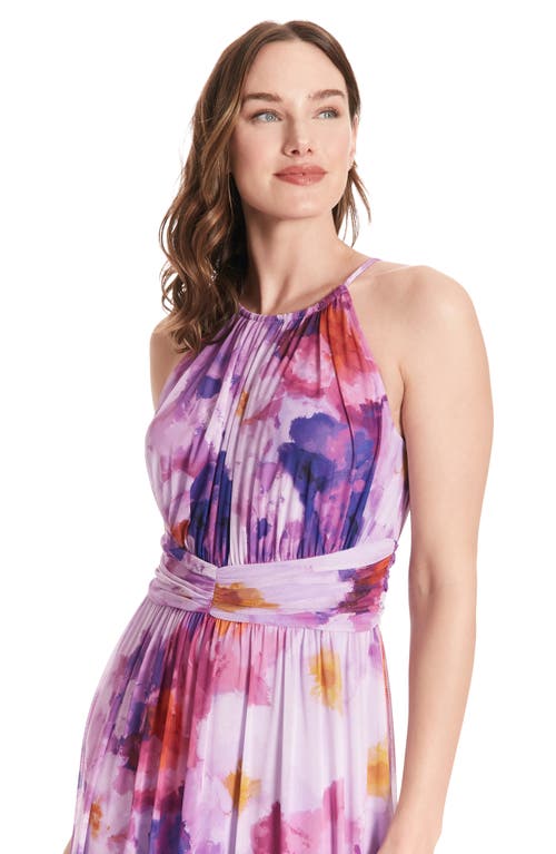 London Times Floral Halter Neck Ruched Waist Maxi Dress