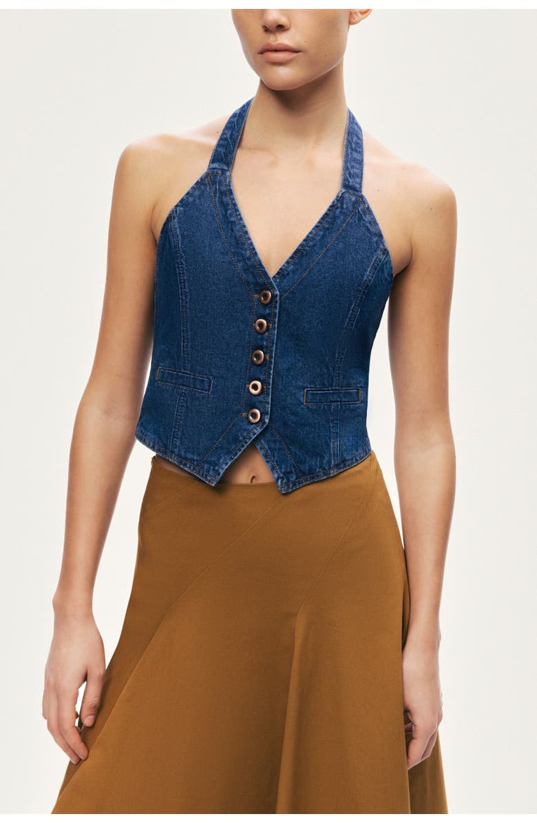 Nocturne Halter Neck Denim Vest, Main, color, Navy Blue