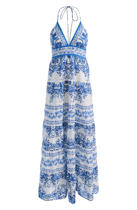 Karolina Print Cotton Halter Maxi Dress