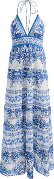 Alice + Olivia Karolina Print Cotton Halter Maxi Dress