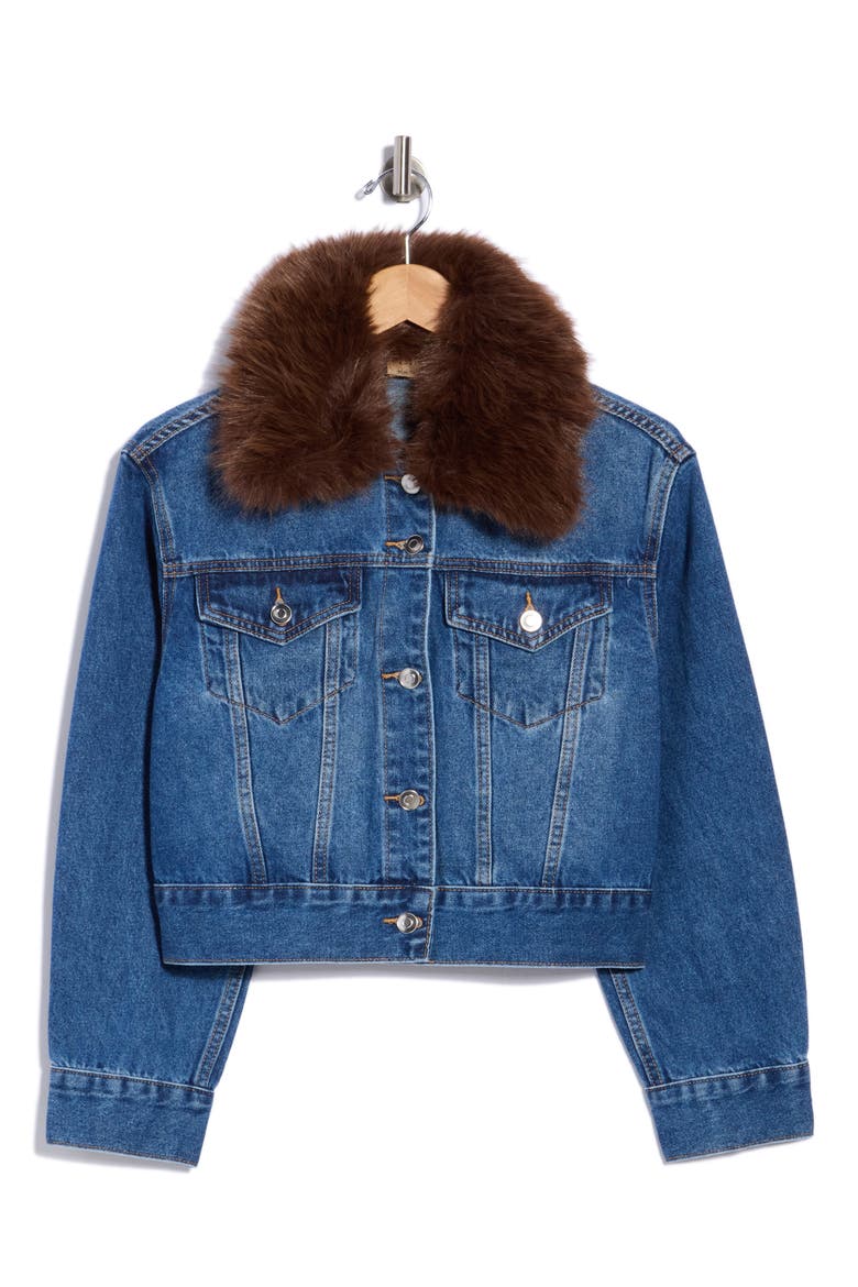 Faux Fur Collar Denim Jacket, Main, color, MEDIUM WASH/ MINK