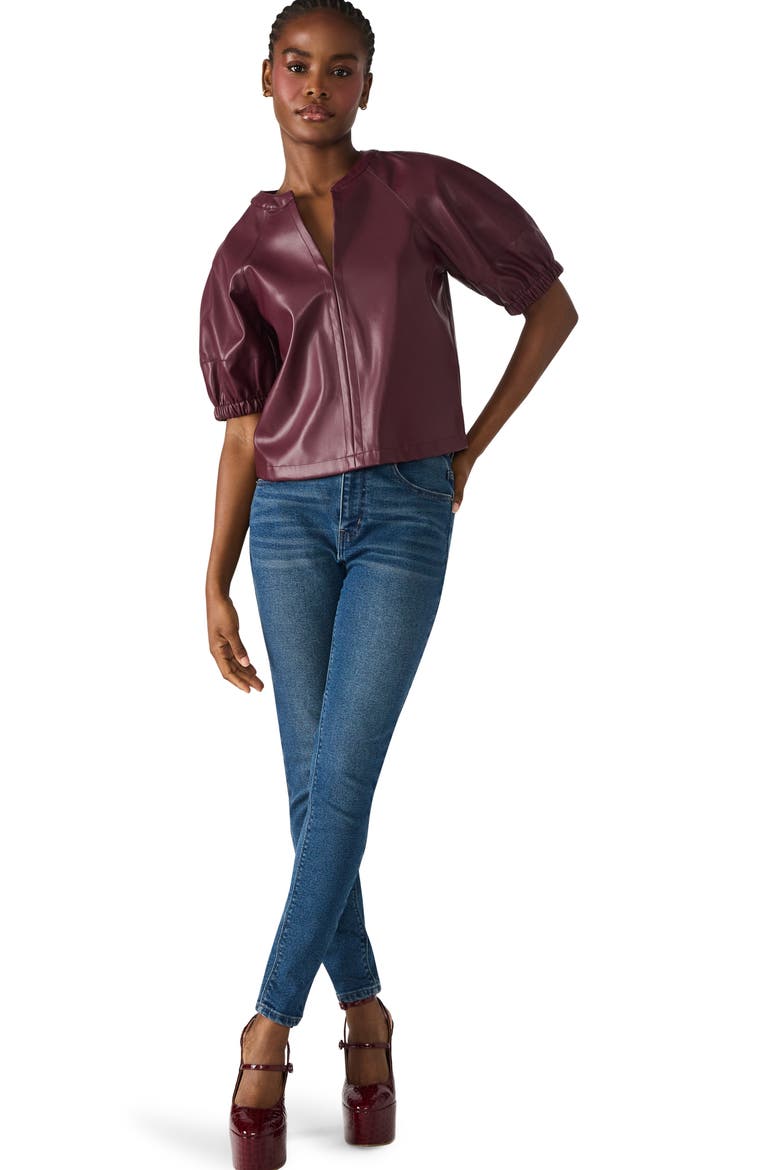 Roxanne Short Sleeve Faux Leather Top, Alternate, color, WINE