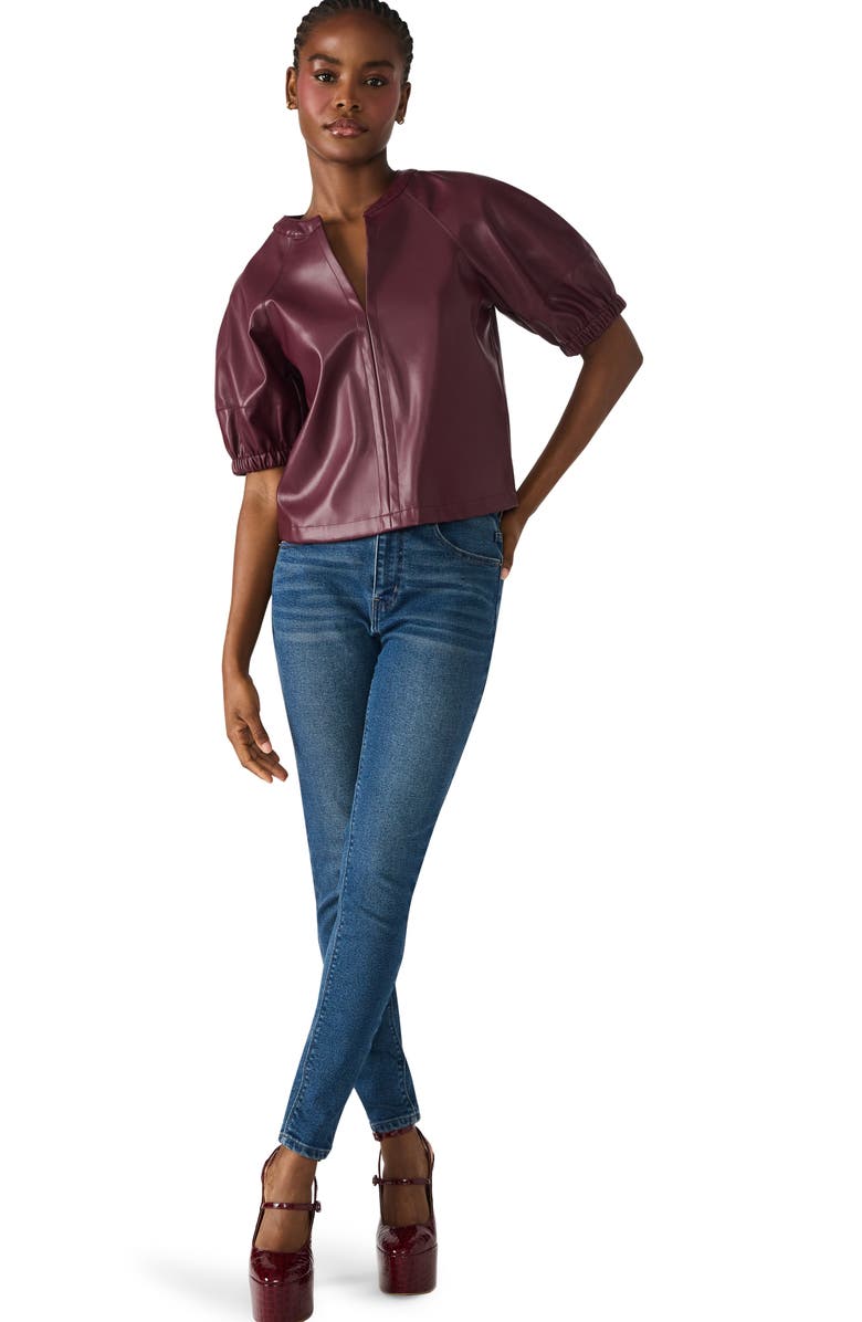 Steve Madden Roxanne Short Sleeve Faux Leather Top, Alternate, color, Wine