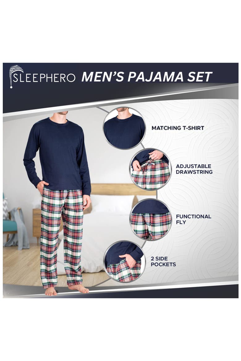 Long Sleeve Crewneck Flannel Pajama Set, Alternate, color, DARK NAVY TARTAN PLAID