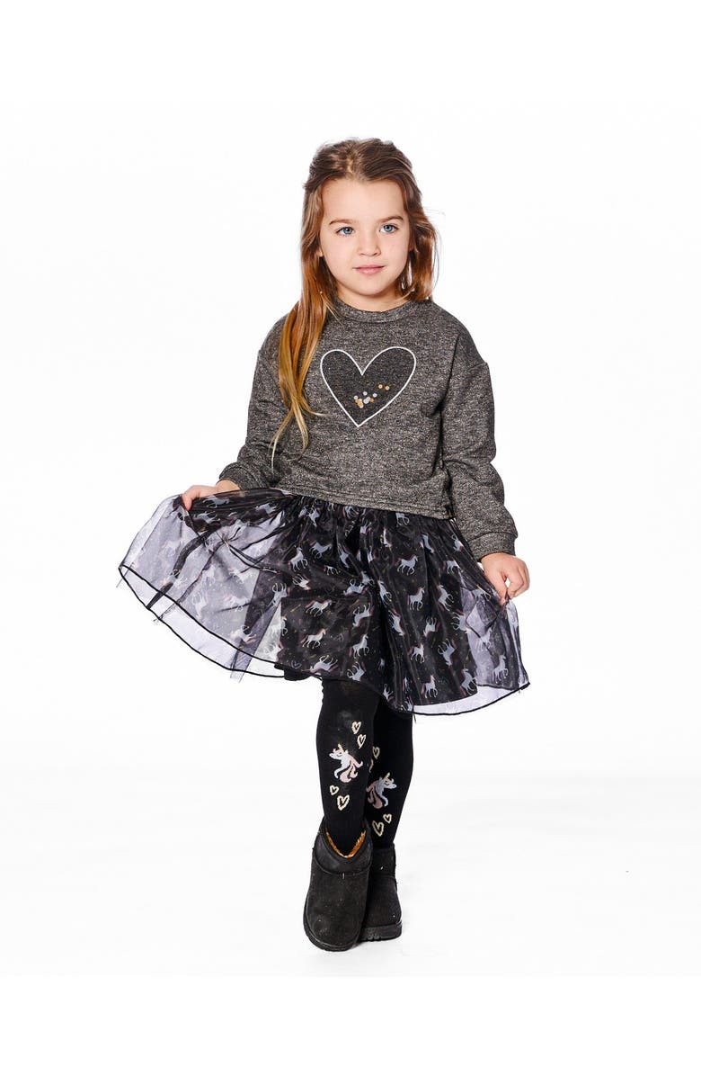 Deux par Deux Bi-Material Dress with Mesh Skirt and Heart, Main, color, Black