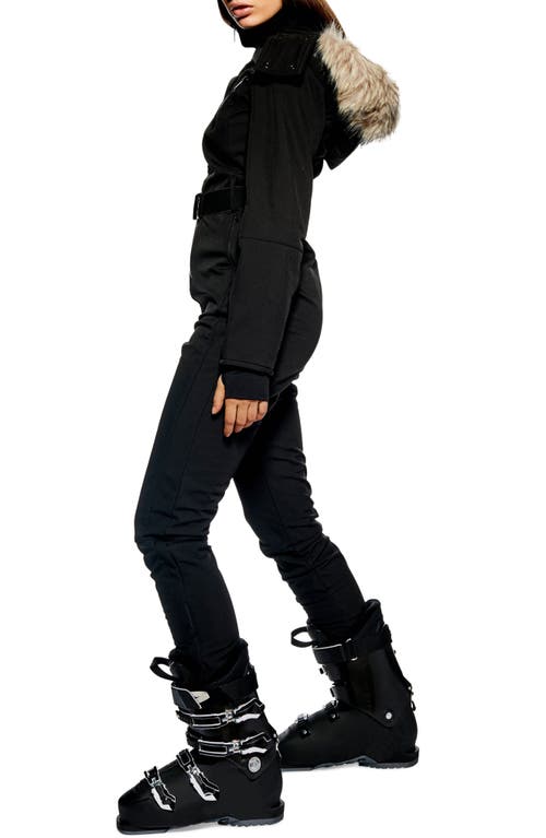 Topshop Faux Fur Trim Snowsuit In Black