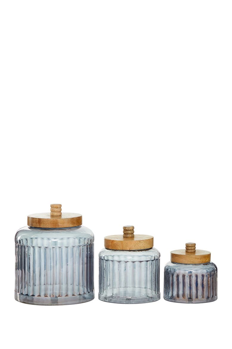 Gray Glass Decorative Jar with Wood Lid - Set of 3, Main, color, GREY