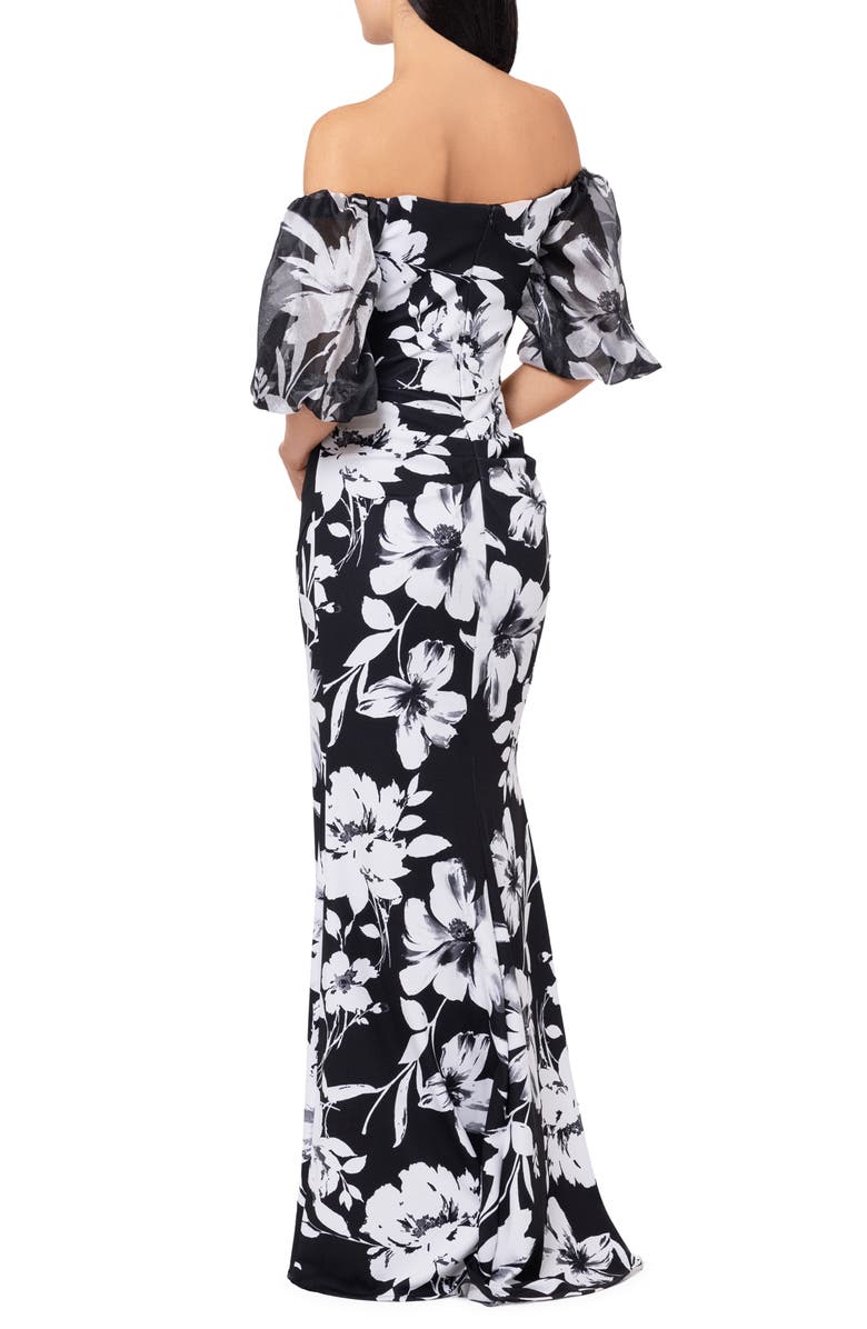 Xscape Evenings Floral Off the Shoulder Puff Sleeve Scuba Sheath Gown, Alternate, color, Black/ White