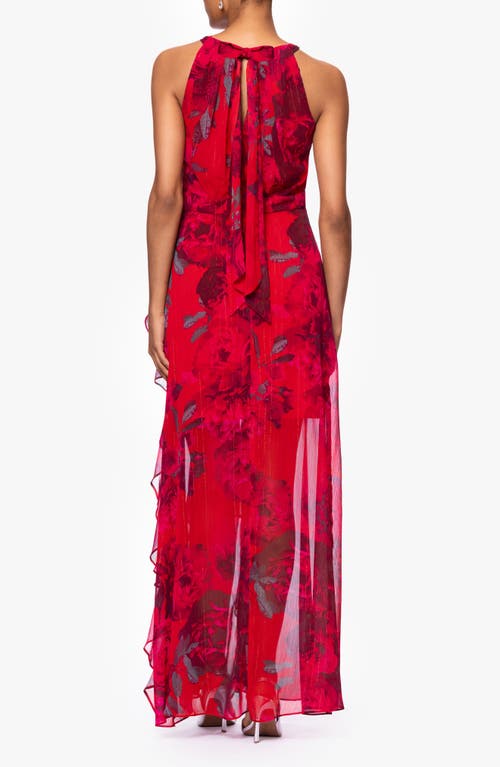 Betsy & Adam Red Rose & Metallic Stripe Sleeveless Gown