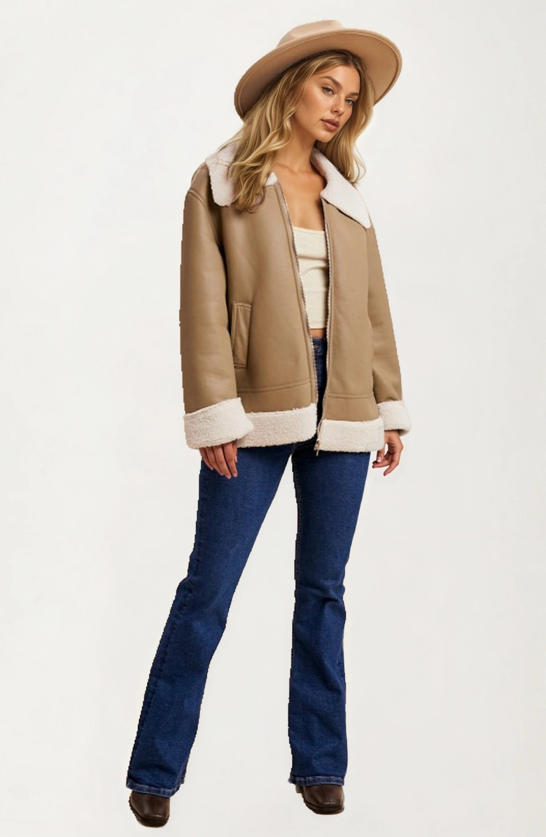 Knit and Lounge Faux Shearling Trim Moto Jacket, Alternate, color, 
