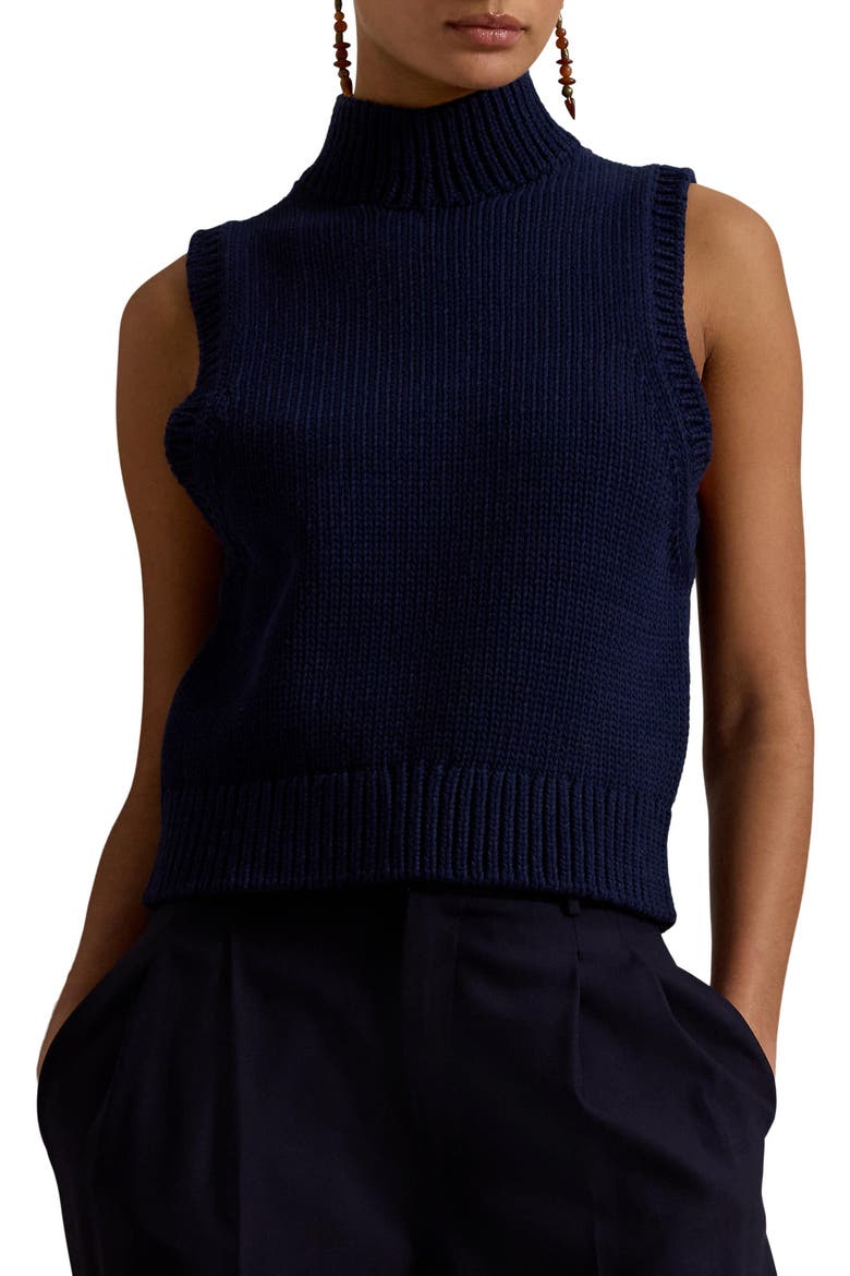 Sleeveless Cotton Blend Turtleneck Sweater, Main, color, CRUISE NAVY