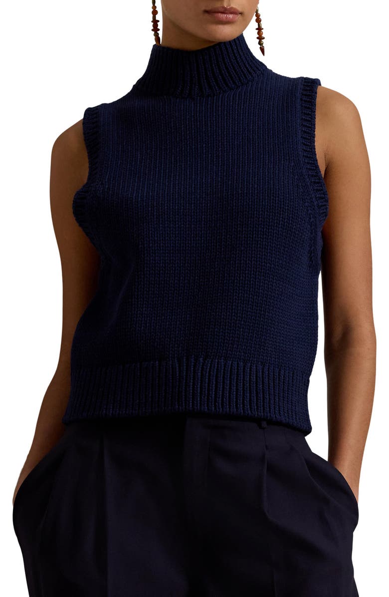Polo Ralph Lauren Sleeveless Cotton Blend Turtleneck Sweater, Main, color, Cruise Navy