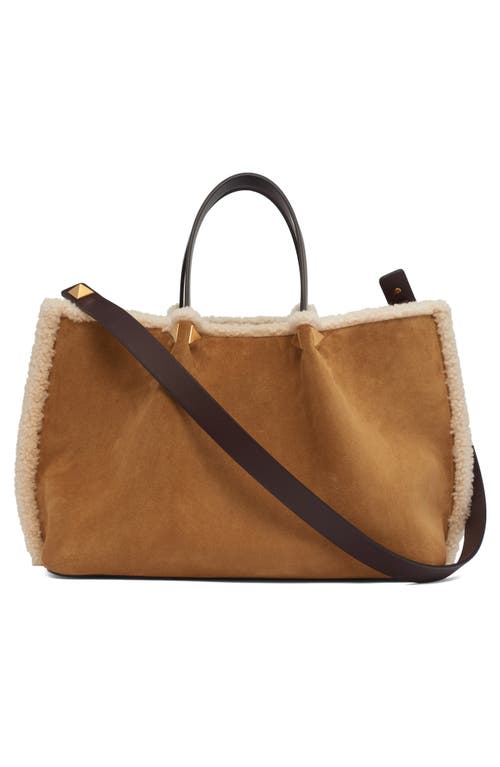 Valentino Garavani Medium Vlogo Genuine Shearling Trim Suede Tote In Brown