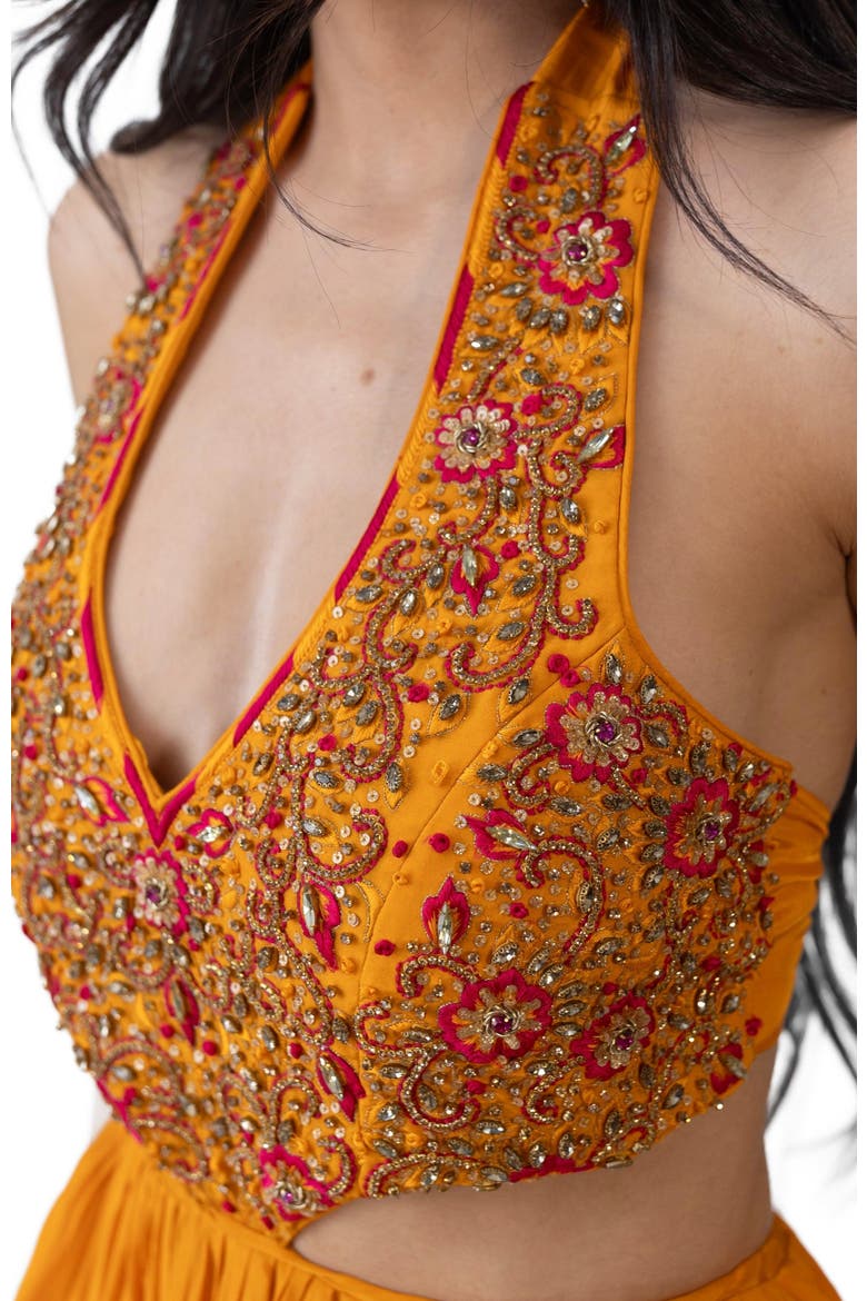 Neale Embroidered Tiered Halter Gown, Alternate, color, Yellow