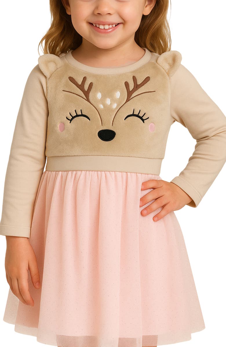 Zunie Kids' Reindeer Embroidered Twofer Dress, Alternate, color, Tan/ Blush