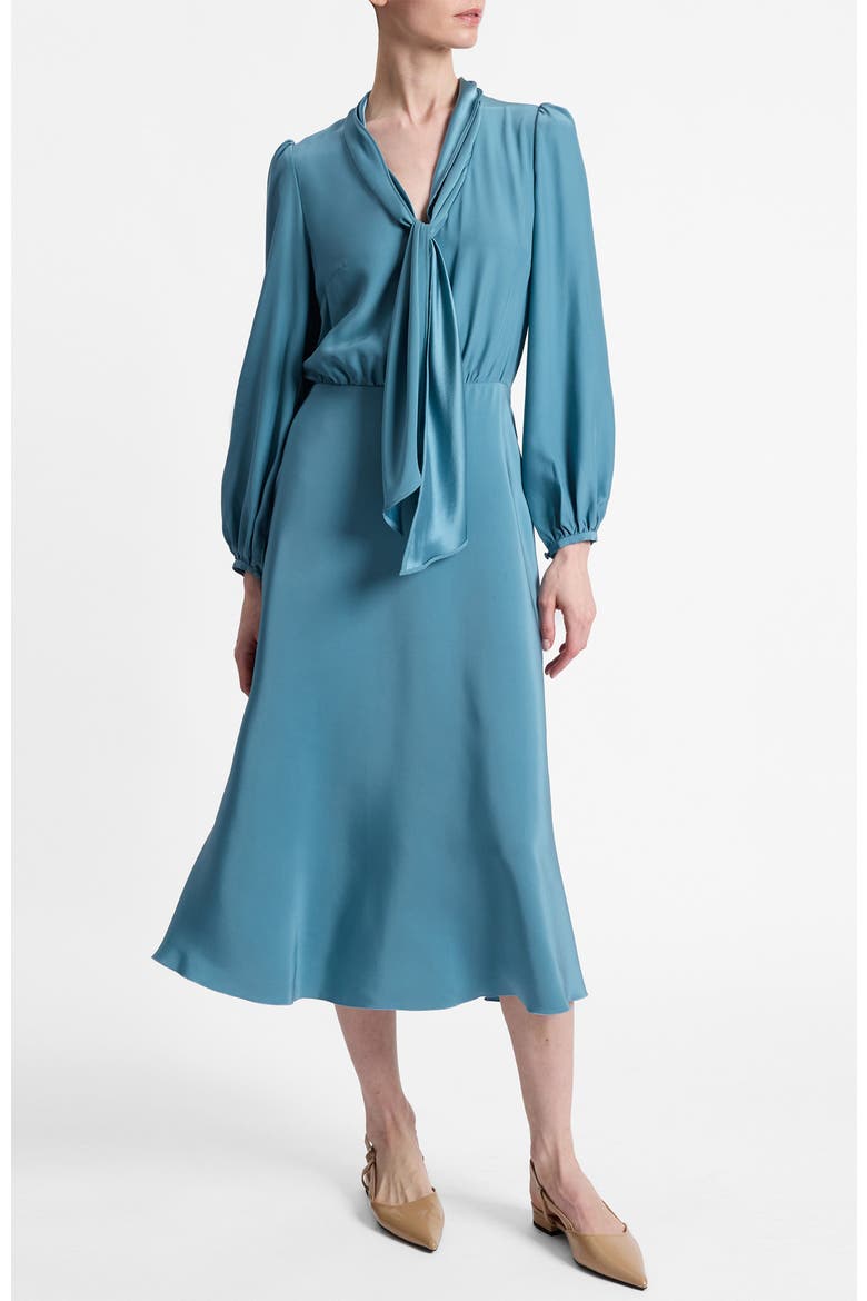 Jenn Long Sleeve Silk Midi Tie-Neck Dress, Main, color, Steel Teal