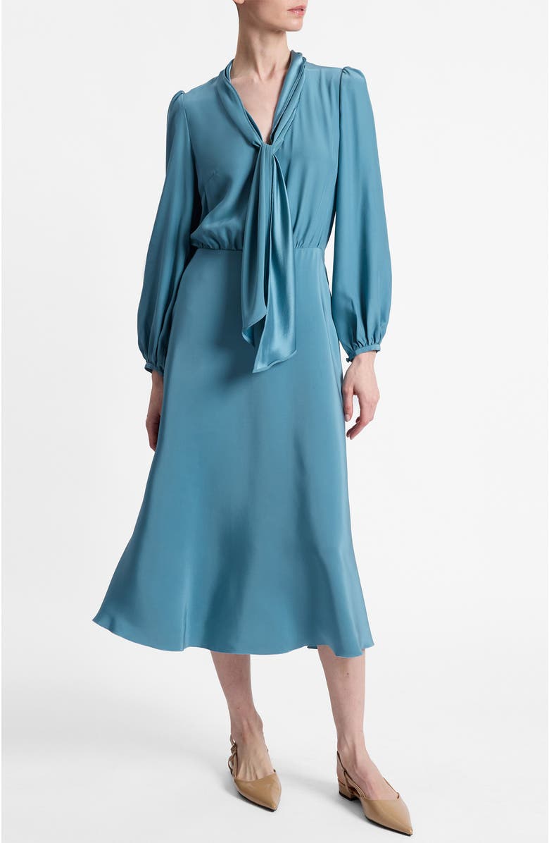 Santorelli Jenn Long Sleeve Silk Midi Tie-Neck Dress, Main, color, Steel Teal