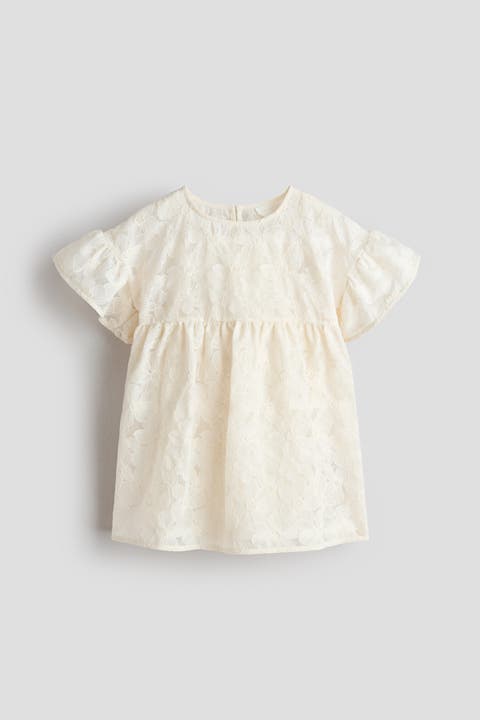 Embroidered Flutter-sleeved Dress