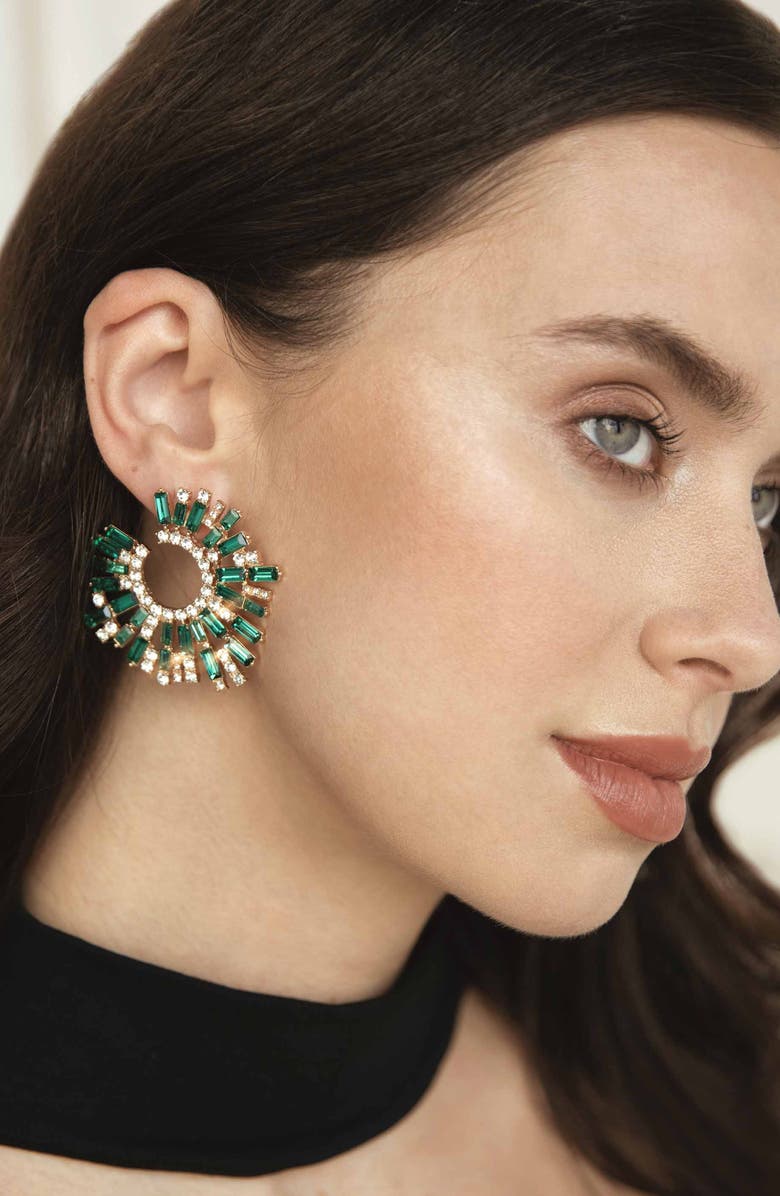 Ettika Crystal Frontal Hoop Earrings, Alternate, color, Green