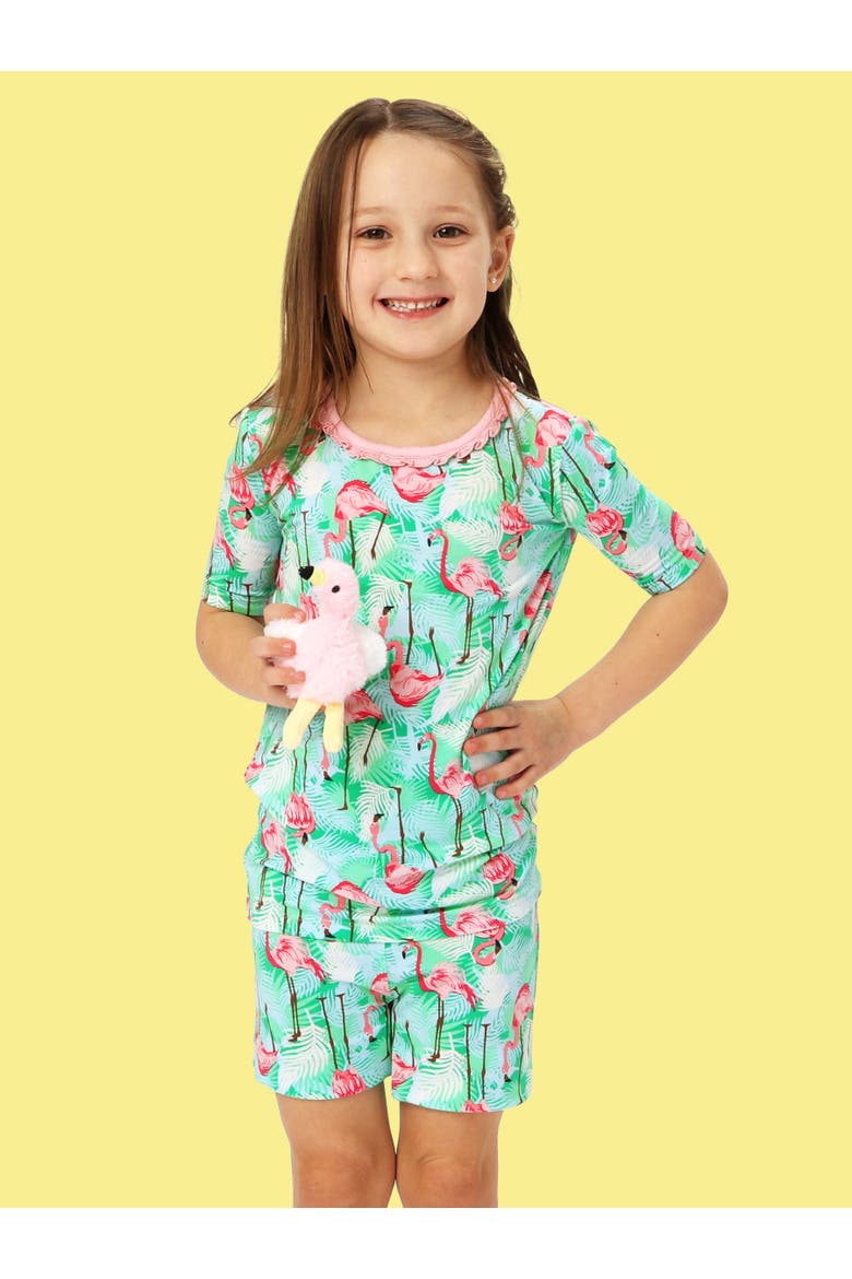 Ruffle Short Sleeve Pajama Set, Alternate, color, Green Vibrant Flamingo