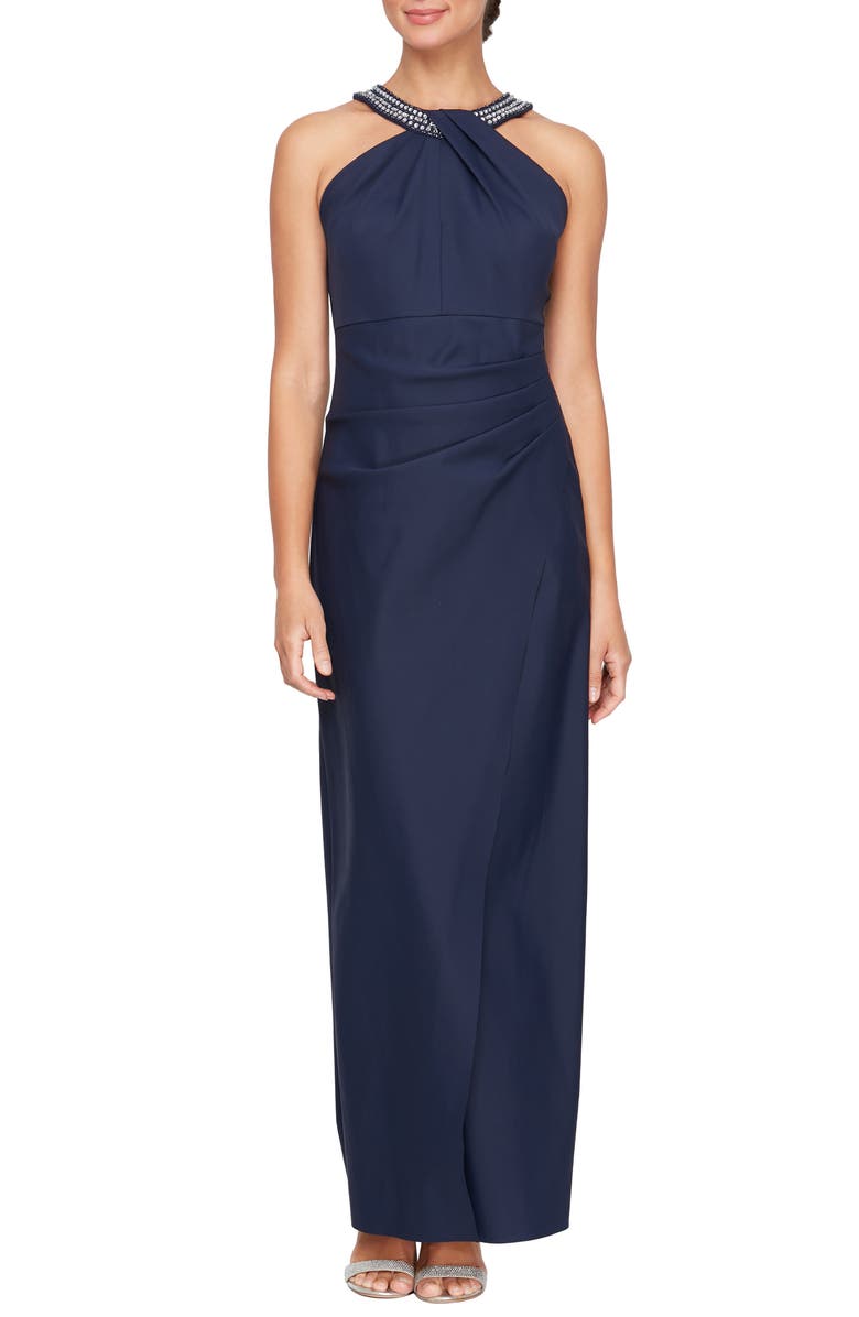 Alex Evenings Contour Collection Halter Neck Column Evening Gown, Main, color, Navy
