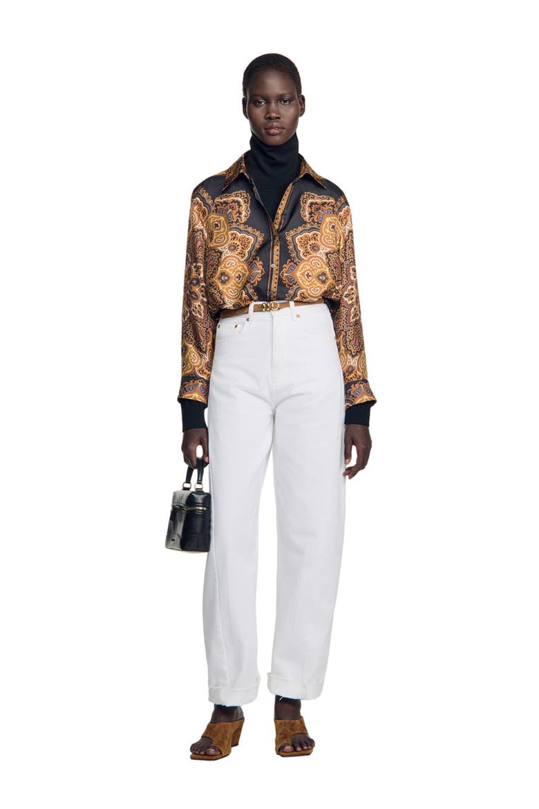 Scarf print silk shirt, Alternate, color, Black / ocher